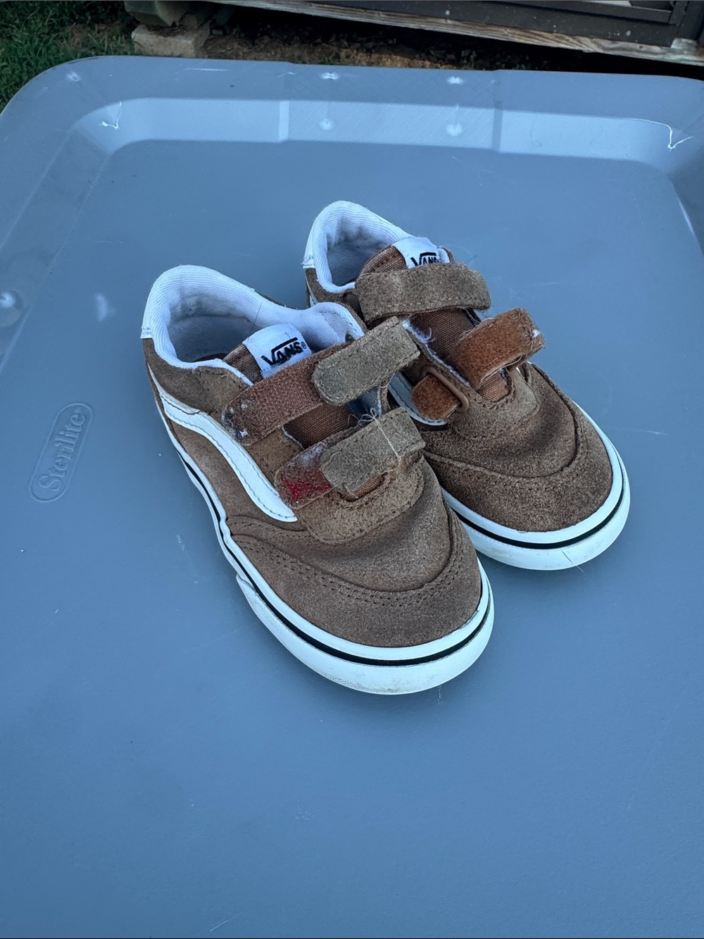 Vans Kids Brown Suede Velcro Sneakers with White Stripe